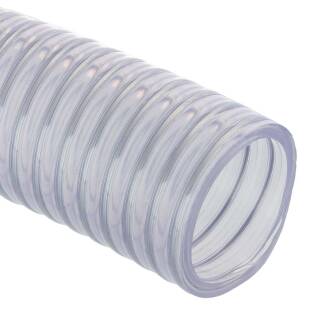 Tubo di aspirazione e mandata per liquidi con spirale di metallo in PVC trasparente per uso alimentare 32mm (1 1/4") Rolle 25m