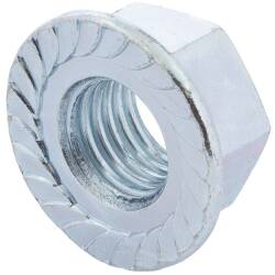 Zinc-coated steel hexagon nut with flange and serration sim.DIN 6923